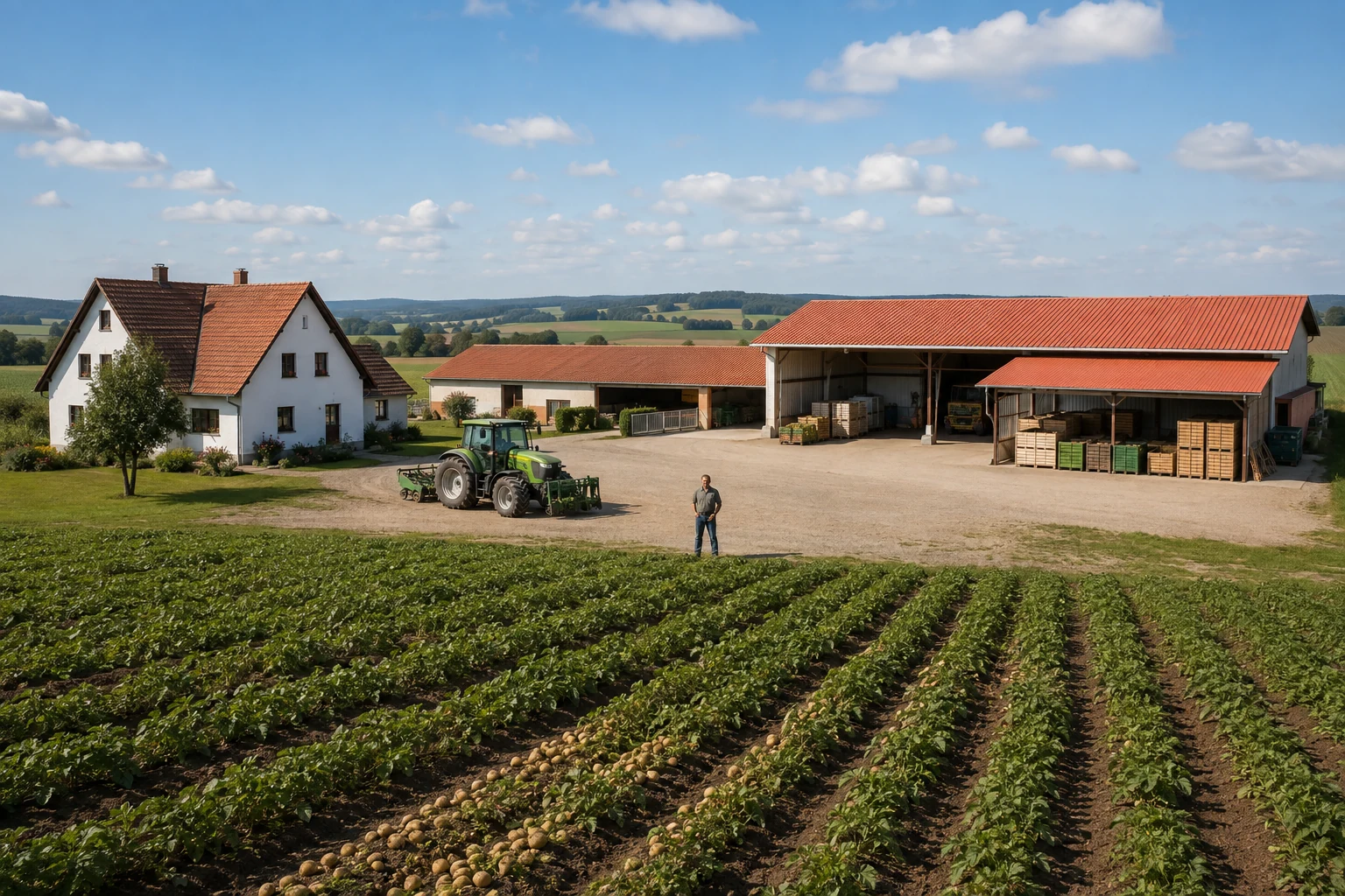 Vollständige mitteleuropäische Landwirtschaft im Vollerwerb mit Hofstelle, Lager und Gemüseflächen
